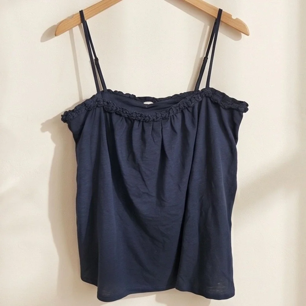 J. Crew L Braided Strap Cami Top Navy Blue Cotton Slub Ruffle Tank‎ Large NWT